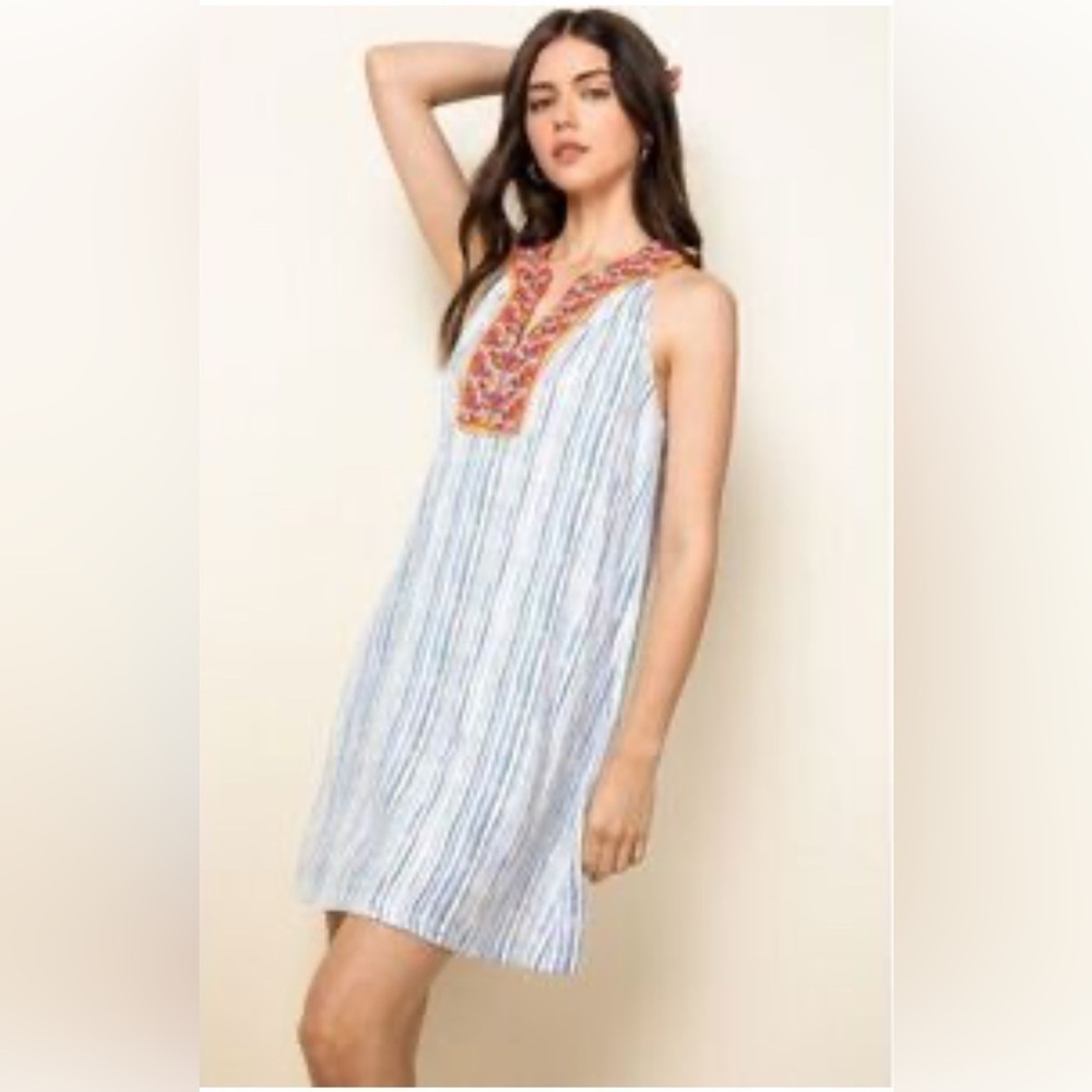 THML Amora Embroidered V neck Dress white blue strips Size S preloved like new